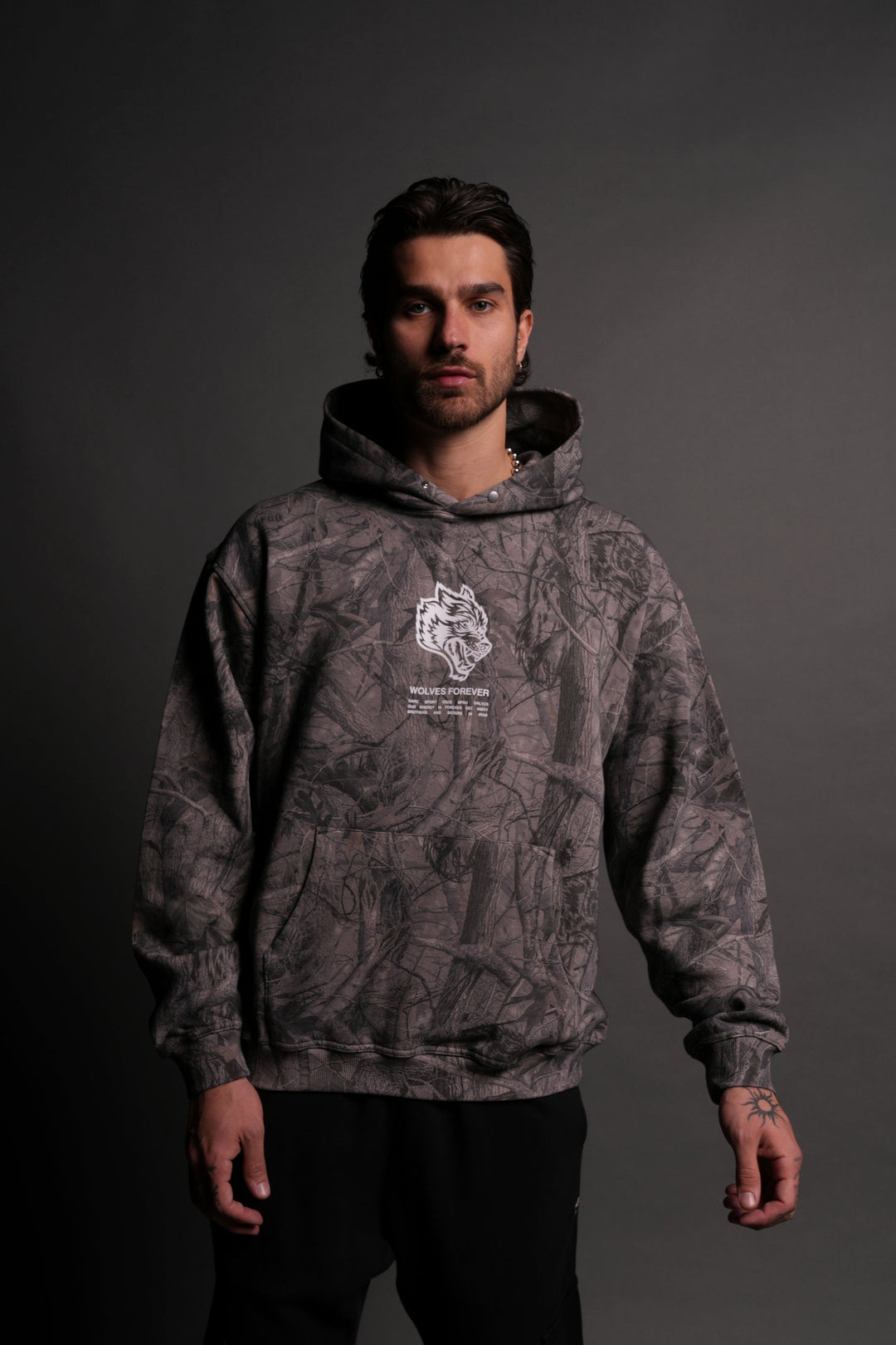 Wolves Have Your Back Unisex "Pierce"
Hoodie in Driftwood Camo