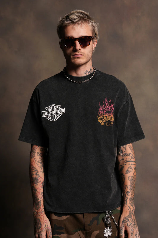 RISING SUN GRUNGE MID LENGTH RAW HEM TEE IN WASHED BLACK