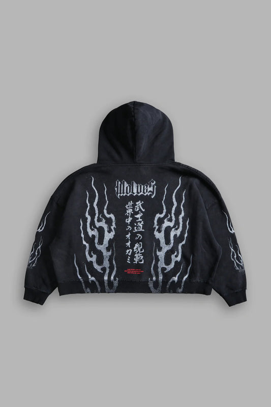 DARC INFERNAL DESTROYED GRUNGE "GAGE BOX CUT" HOODIE IN BLACK HORIZON SUN FADE
