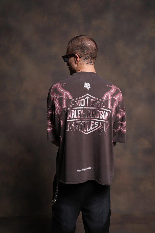 IRON LIGHTNING PREMIUM UNISEX RAW HEM "BOX CUT" TEE IN DARC BROWN DRIFT WASH