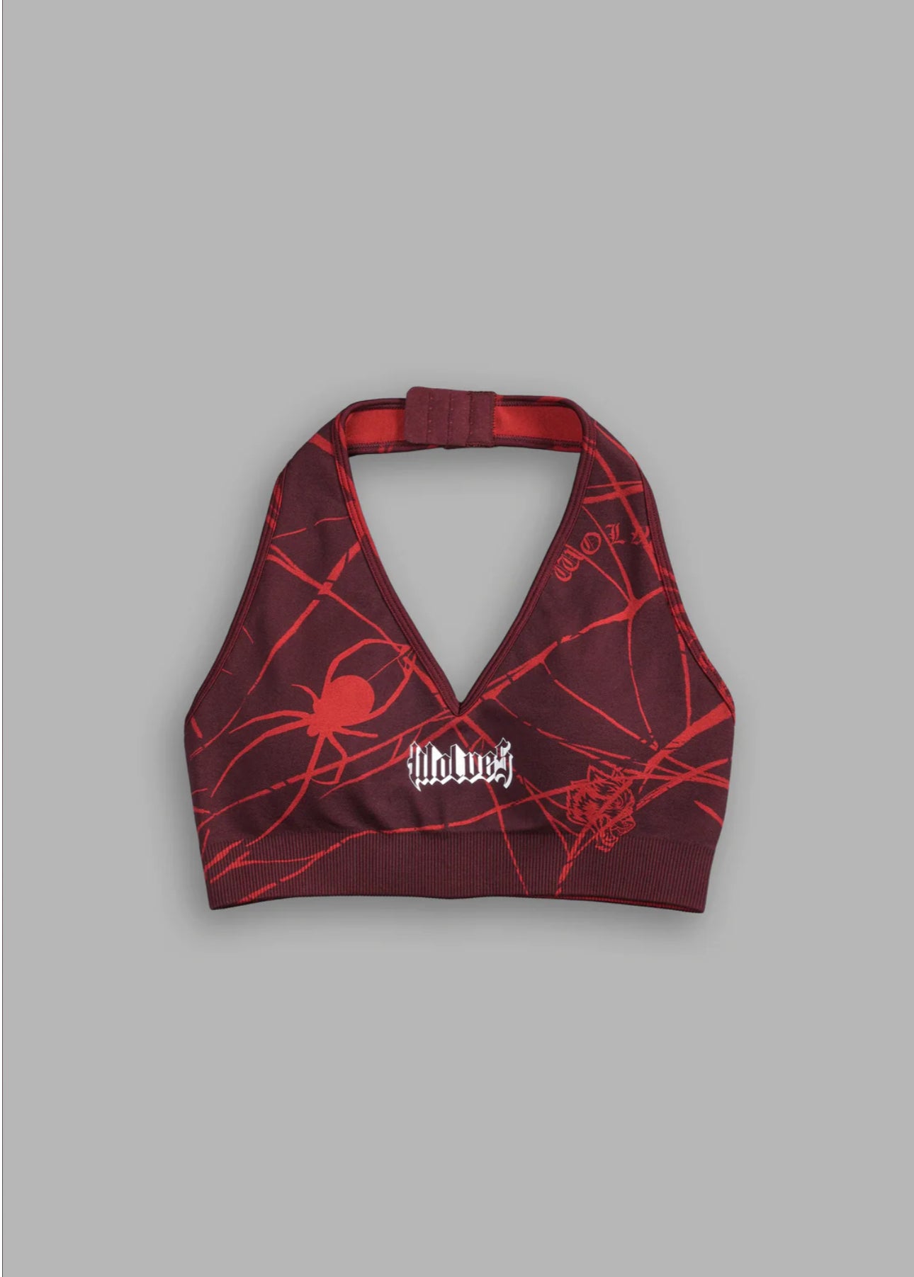 HER DARCNESS "EVERSON SEAMLESS" HALTER BRA IN ROMAN RED SPIDER WEB