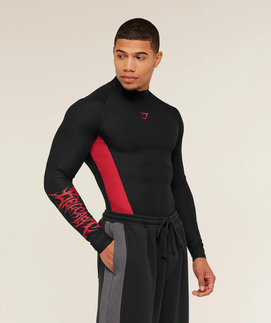 GYMSHARK X CARLOS BELCAST LONG SLEEVE TEE - BLACK/CARMINE RED