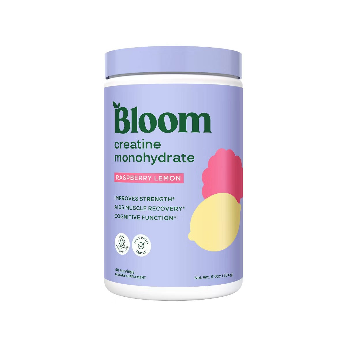BLOOM NUTRITION Creatine Monohydrate Supplement Vegan Powder - Raspberry Lemon - 9oz/40 Servings